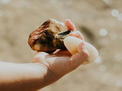 Close up of hands holding a smooth stone.
